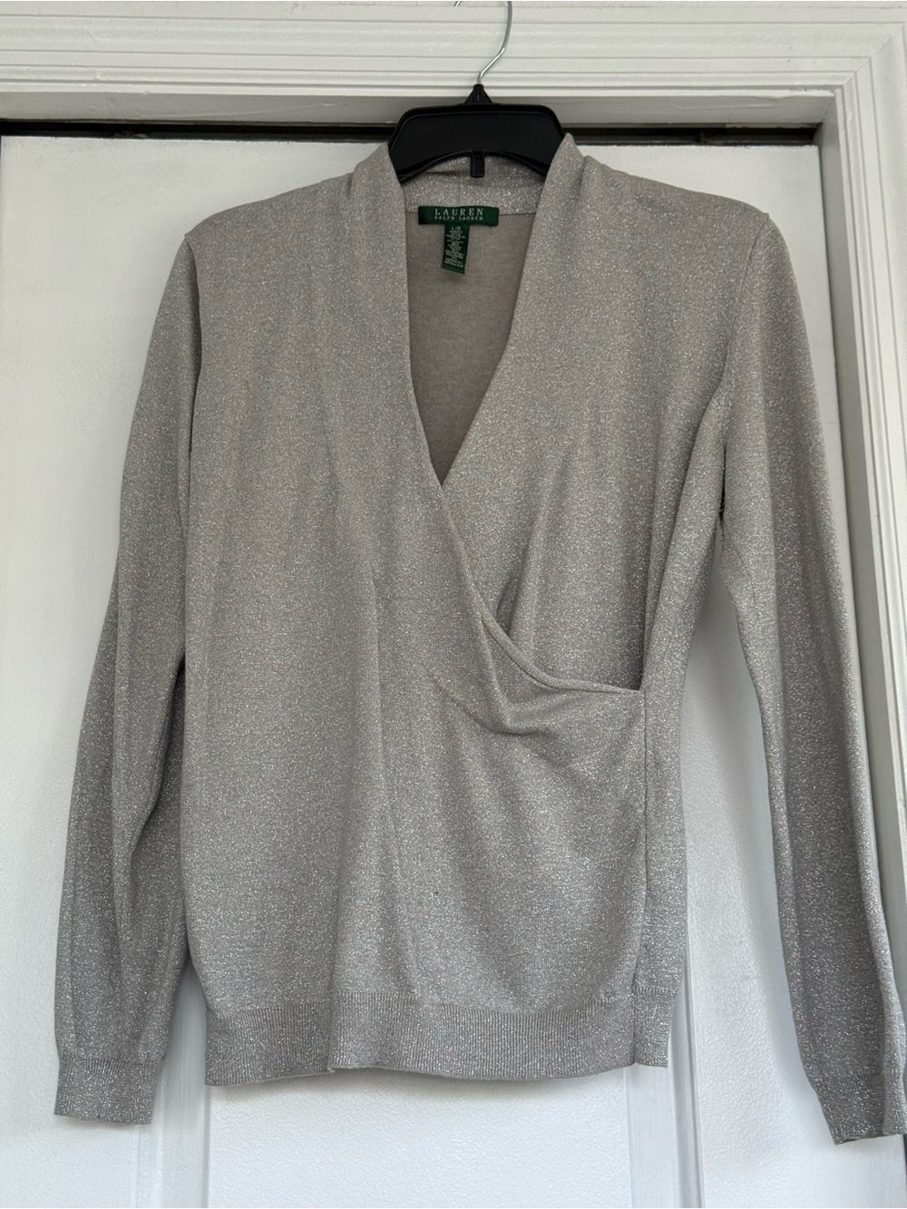 Lauren Ralph Lauren Silver Metallic Wrap-Front Long Sleeve Top